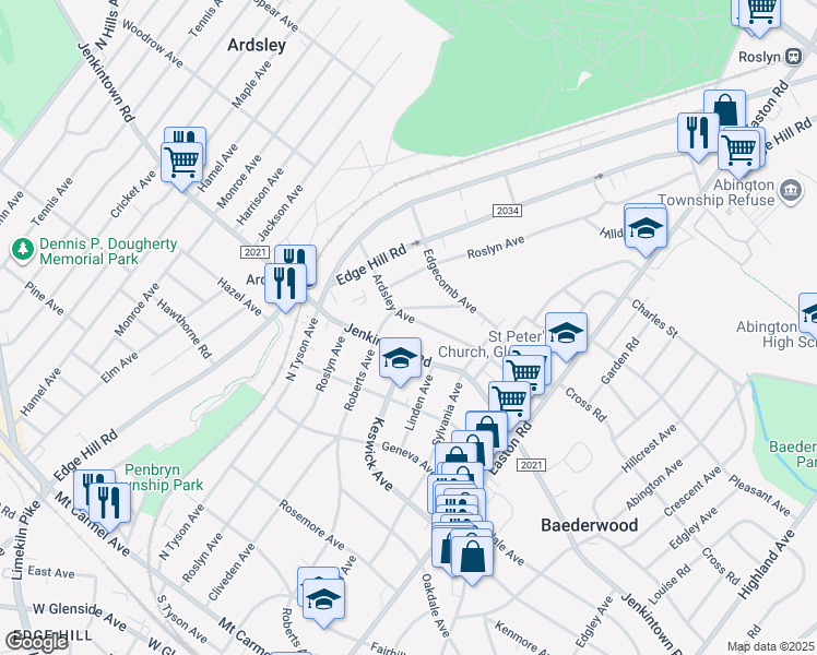 map of restaurants, bars, coffee shops, grocery stores, and more near 2455 Ardsley Avenue in Glenside