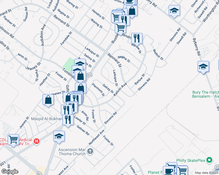 map of restaurants, bars, coffee shops, grocery stores, and more near 825 Delray Street in Philadelphia