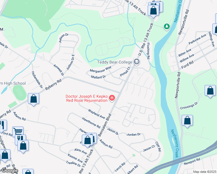 map of restaurants, bars, coffee shops, grocery stores, and more near 1073 Byberry Road in Bensalem