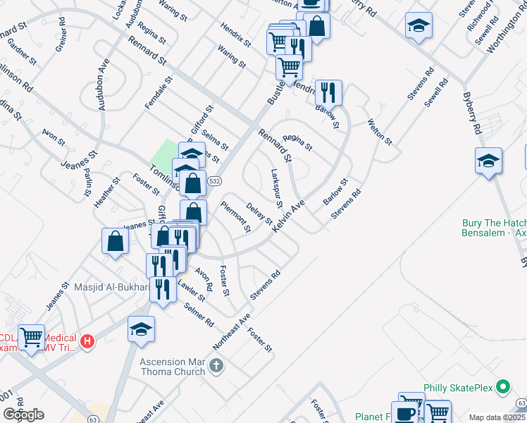 map of restaurants, bars, coffee shops, grocery stores, and more near 825 Delray Street in Philadelphia