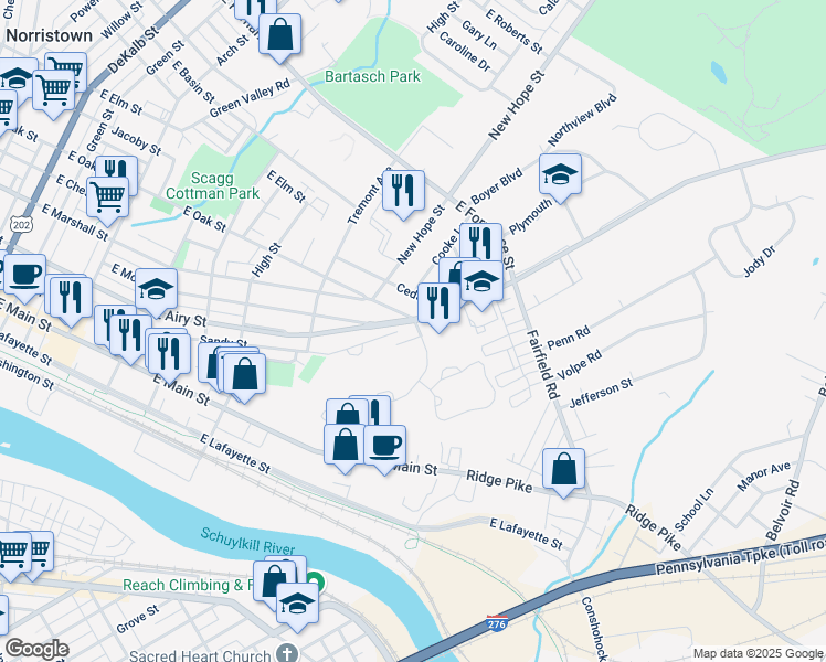 map of restaurants, bars, coffee shops, grocery stores, and more near 900 Sandy Hill Road in Norristown
