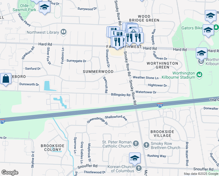 map of restaurants, bars, coffee shops, grocery stores, and more near 7639 Sancroft Road in Columbus