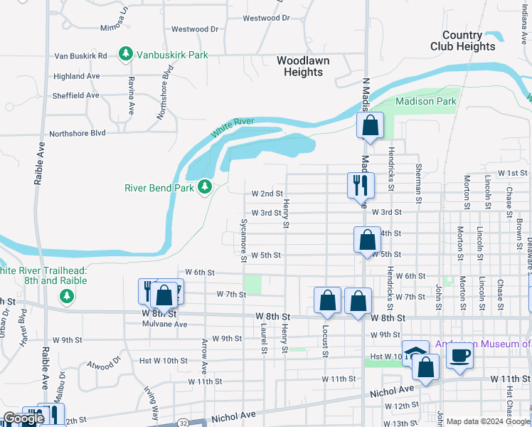 map of restaurants, bars, coffee shops, grocery stores, and more near 1432 West 3rd Street in Anderson