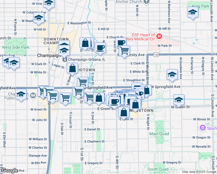 map of restaurants, bars, coffee shops, grocery stores, and more near 310 East Springfield Avenue in Champaign