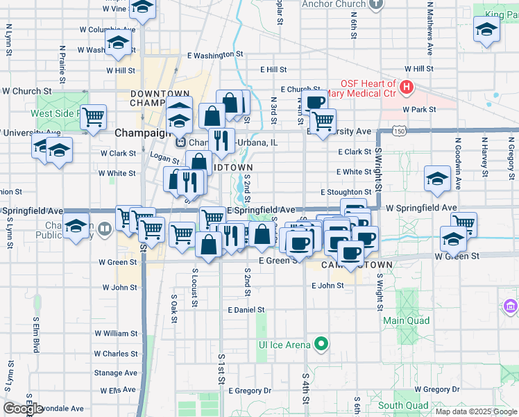 map of restaurants, bars, coffee shops, grocery stores, and more near 208 East Springfield Avenue in Champaign