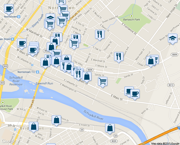 map of restaurants, bars, coffee shops, grocery stores, and more near 431 Sandy Street in Norristown