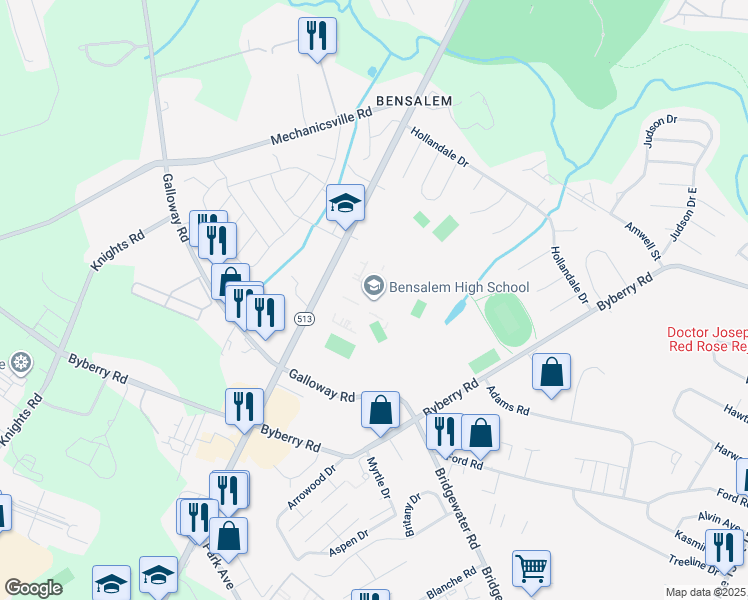 map of restaurants, bars, coffee shops, grocery stores, and more near 4319 Hulmeville Road in Bensalem