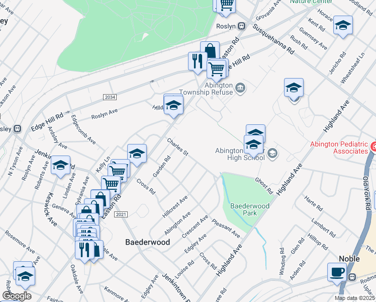 map of restaurants, bars, coffee shops, grocery stores, and more near 2225 Charles Street in Glenside