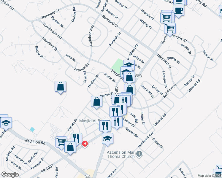 map of restaurants, bars, coffee shops, grocery stores, and more near 549 Avon Street in Philadelphia