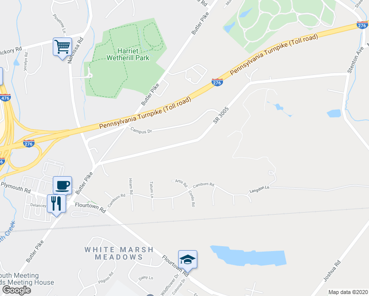 map of restaurants, bars, coffee shops, grocery stores, and more near 5130 Militia Hill Road in Plymouth Meeting