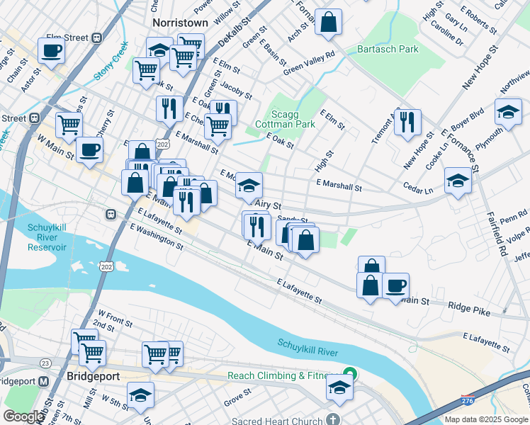 map of restaurants, bars, coffee shops, grocery stores, and more near 431 Sandy Street in Norristown