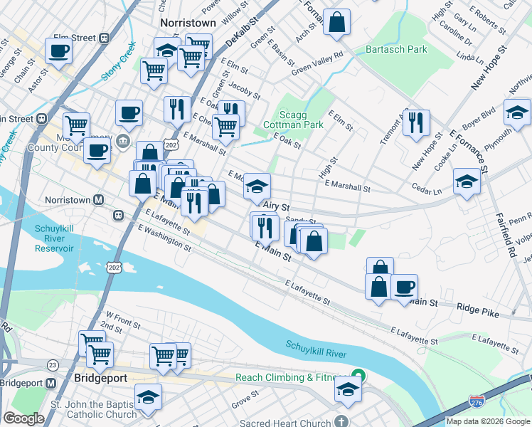 map of restaurants, bars, coffee shops, grocery stores, and more near 441 East Airy Street in Norristown
