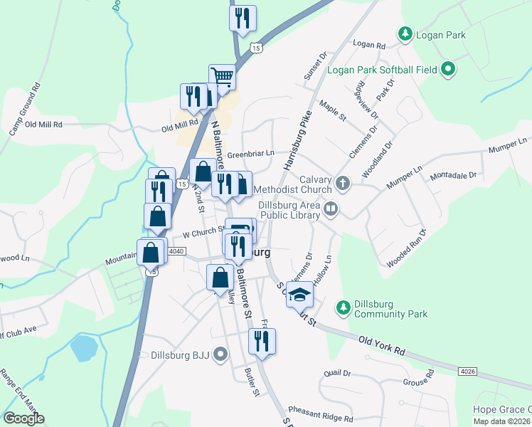 map of restaurants, bars, coffee shops, grocery stores, and more near 115 Harrisburg Pike in Dillsburg