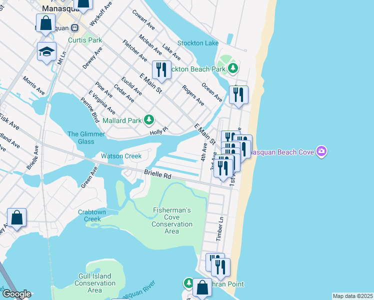 map of restaurants, bars, coffee shops, grocery stores, and more near 12 Captains Court in Manasquan