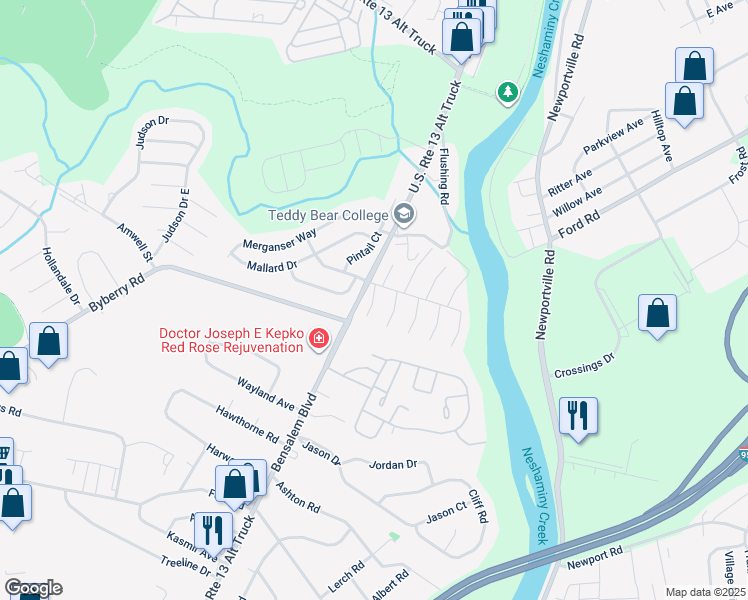 map of restaurants, bars, coffee shops, grocery stores, and more near 5107 Inlet Drive in Bensalem
