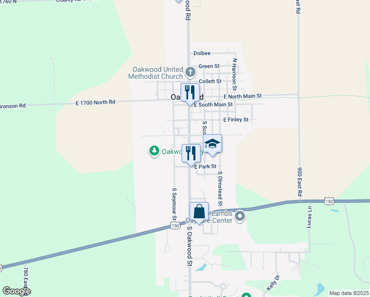map of restaurants, bars, coffee shops, grocery stores, and more near 351 South Oakwood Street in Oakwood
