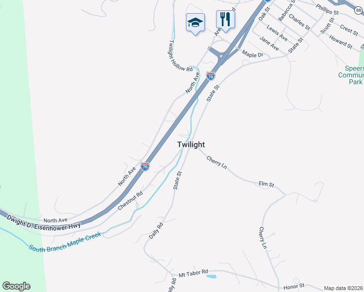 map of restaurants, bars, coffee shops, grocery stores, and more near 5 Frye Lane in Charleroi