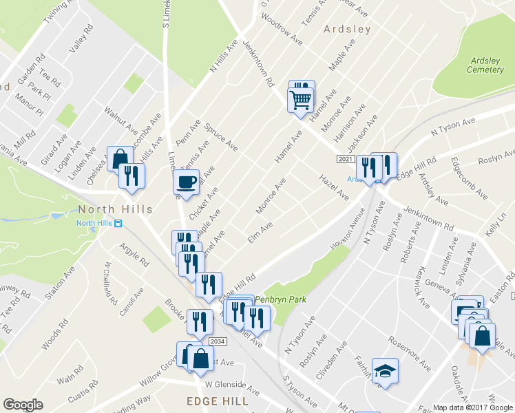 map of restaurants, bars, coffee shops, grocery stores, and more near 338 Monroe Avenue in Glenside
