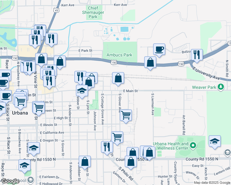 map of restaurants, bars, coffee shops, grocery stores, and more near 1205 County Road 1600 North in Urbana