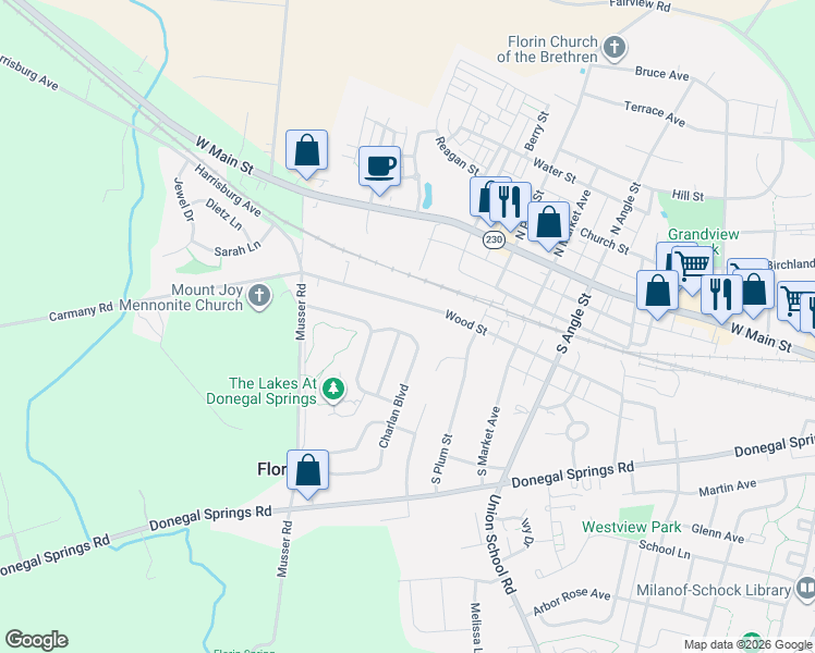 map of restaurants, bars, coffee shops, grocery stores, and more near 236 Charlan Boulevard in Mount Joy