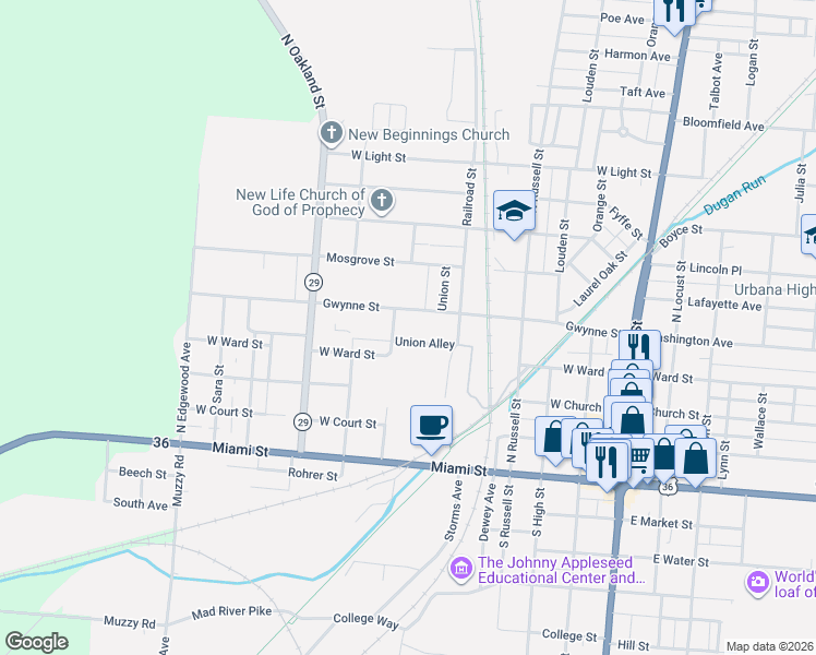 map of restaurants, bars, coffee shops, grocery stores, and more near 453 Gwynne Street in Urbana