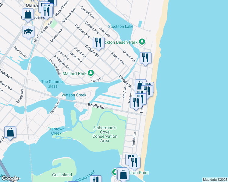 map of restaurants, bars, coffee shops, grocery stores, and more near 12 Captains Court in Manasquan
