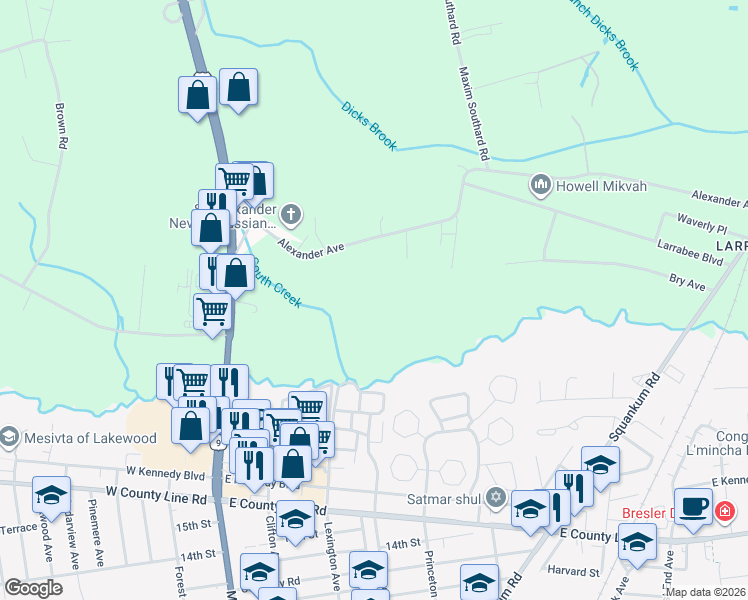 map of restaurants, bars, coffee shops, grocery stores, and more near 270 Alexander Avenue in Howell