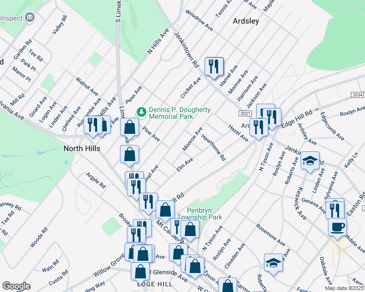 map of restaurants, bars, coffee shops, grocery stores, and more near 338 Monroe Avenue in Glenside
