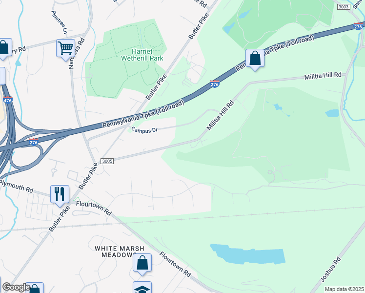 map of restaurants, bars, coffee shops, grocery stores, and more near 5130 Militia Hill Road in Plymouth Meeting