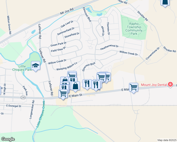 map of restaurants, bars, coffee shops, grocery stores, and more near 1316 Woodcrest Court in Mount Joy