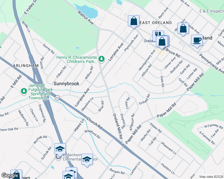 map of restaurants, bars, coffee shops, grocery stores, and more near 403 Meadow Lane in Oreland