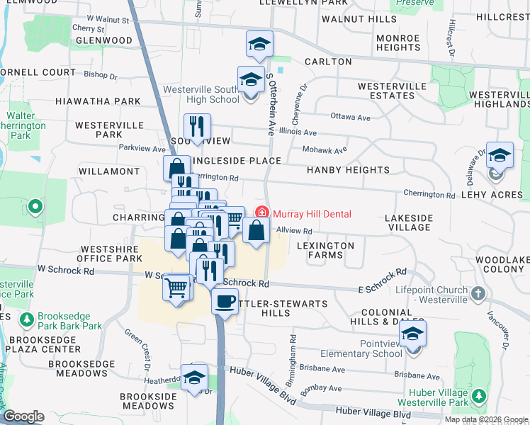 map of restaurants, bars, coffee shops, grocery stores, and more near 490 South Otterbein Avenue in Westerville