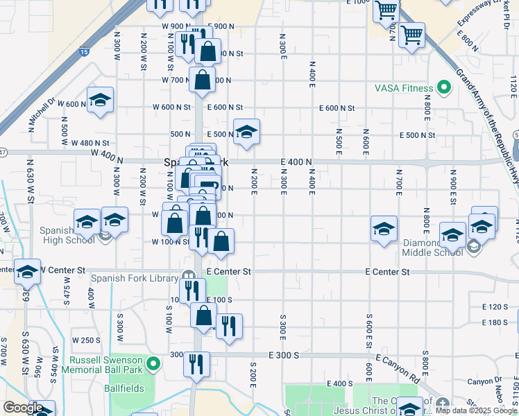 map of restaurants, bars, coffee shops, grocery stores, and more near 244 North 200 East in Spanish Fork