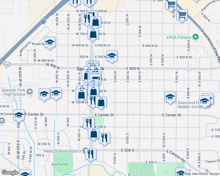 map of restaurants, bars, coffee shops, grocery stores, and more near 246 North 100 East in Spanish Fork
