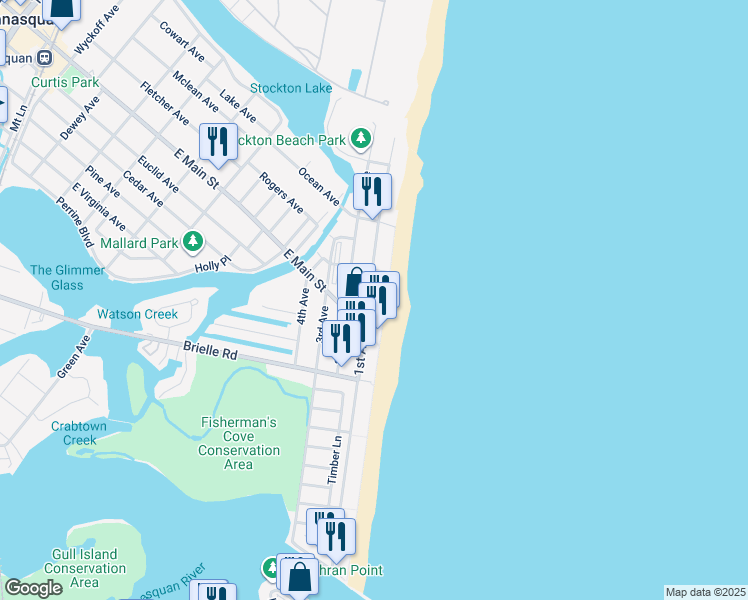 map of restaurants, bars, coffee shops, grocery stores, and more near 167 1st Avenue in Manasquan