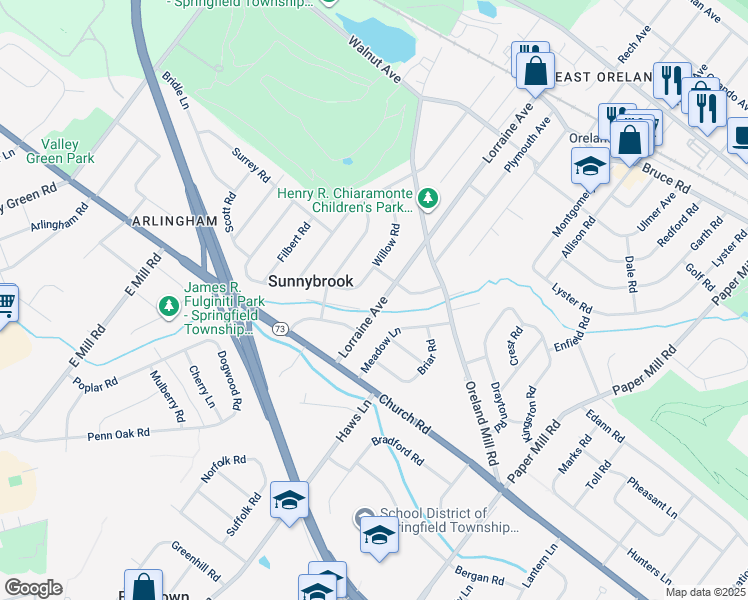 map of restaurants, bars, coffee shops, grocery stores, and more near 509 Lorraine Avenue in Oreland