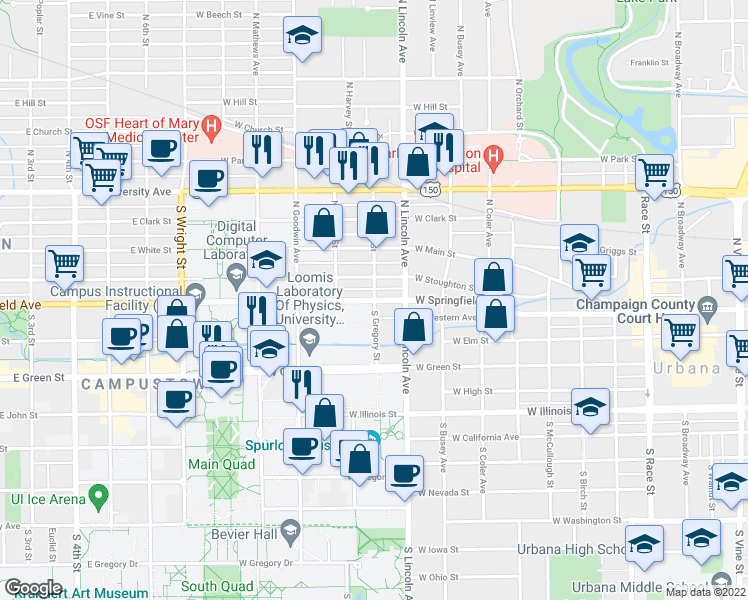 map of restaurants, bars, coffee shops, grocery stores, and more near 1002 West Springfield Avenue in Urbana