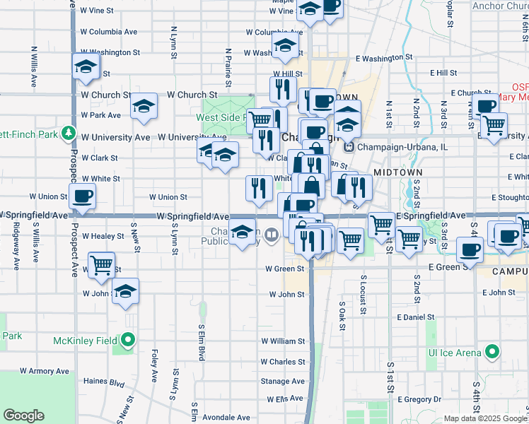 map of restaurants, bars, coffee shops, grocery stores, and more near 316 South State Street in Champaign