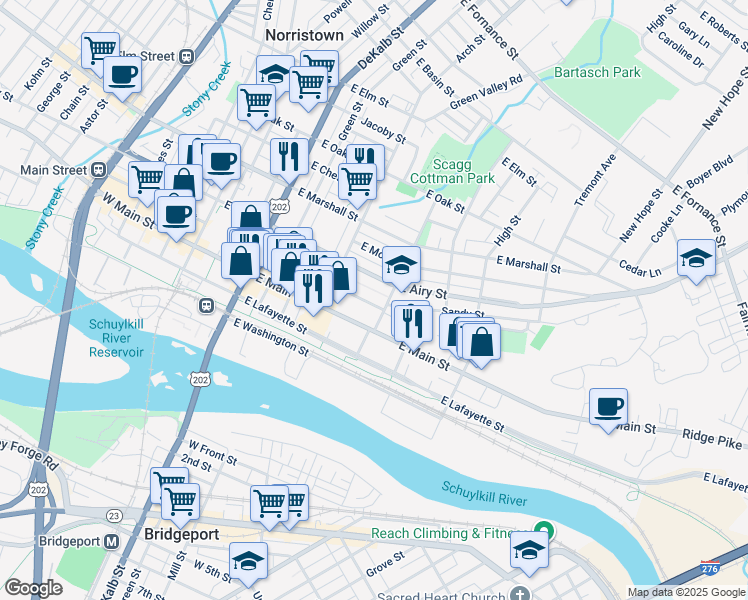 map of restaurants, bars, coffee shops, grocery stores, and more near 353 East Penn Street in Norristown