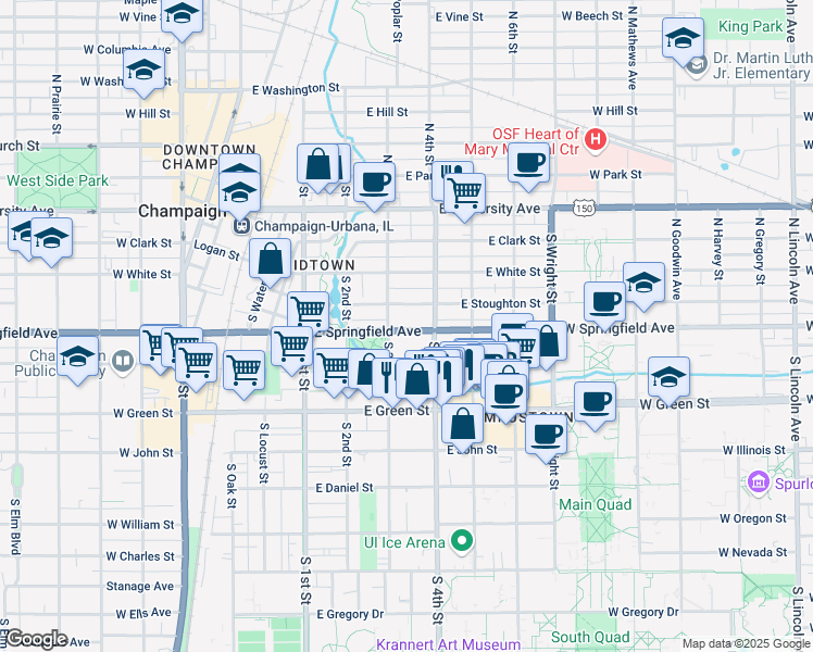 map of restaurants, bars, coffee shops, grocery stores, and more near 310 East Springfield Avenue in Champaign