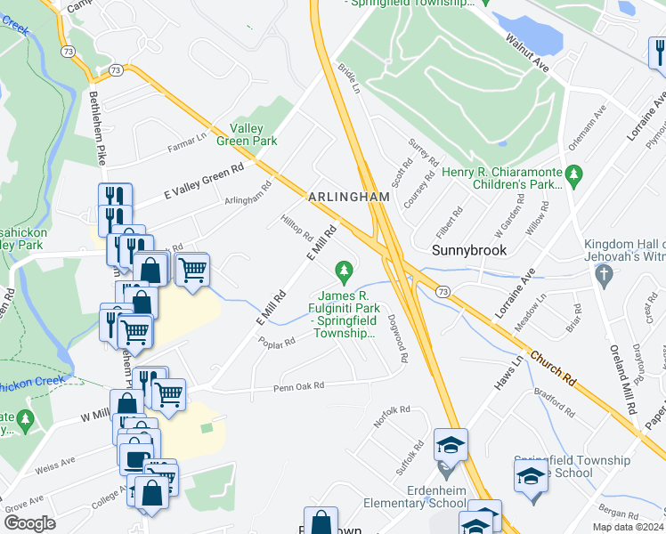 map of restaurants, bars, coffee shops, grocery stores, and more near 1905 Sycamore Lane in Flourtown