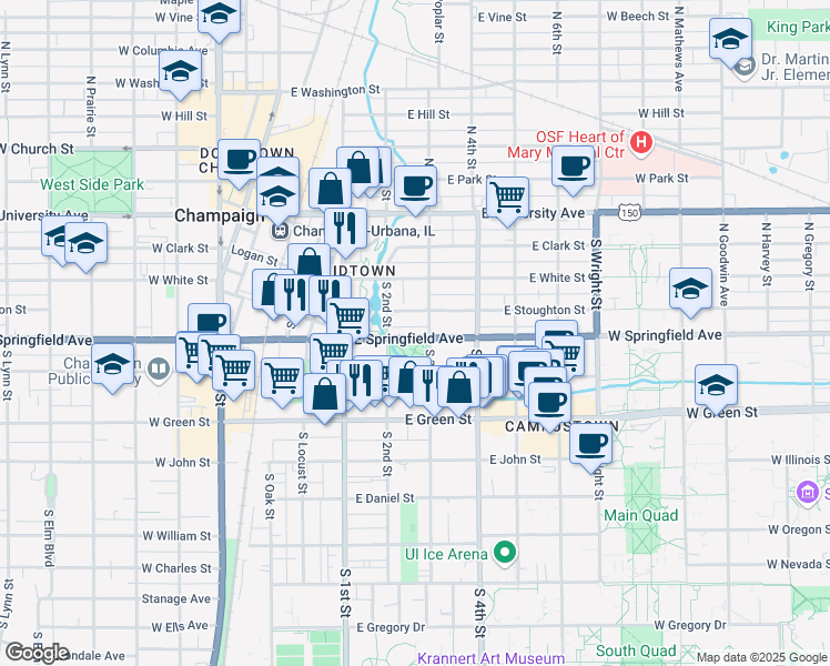 map of restaurants, bars, coffee shops, grocery stores, and more near 208 East Springfield Avenue in Champaign