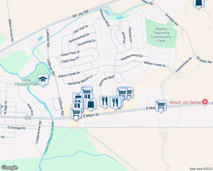 map of restaurants, bars, coffee shops, grocery stores, and more near 1316 Woodcrest Court in Mount Joy