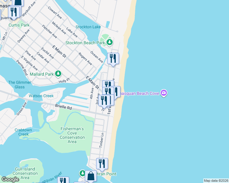 map of restaurants, bars, coffee shops, grocery stores, and more near 167 1st Avenue in Manasquan