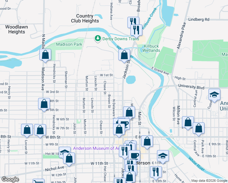 map of restaurants, bars, coffee shops, grocery stores, and more near 298 North Delaware Street in Anderson