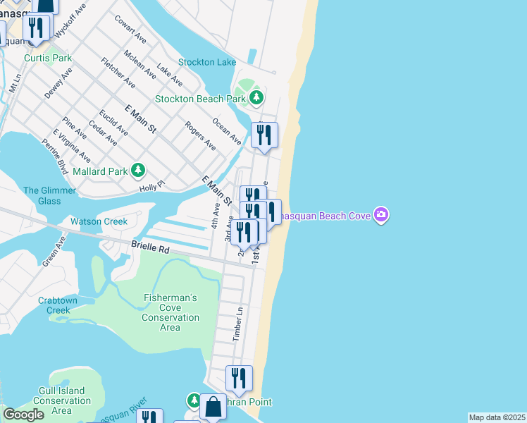 map of restaurants, bars, coffee shops, grocery stores, and more near 167 1st Avenue in Manasquan