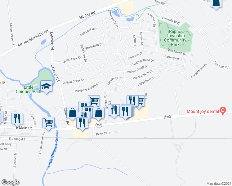 map of restaurants, bars, coffee shops, grocery stores, and more near 1302 Sutherland Lane in Mount Joy