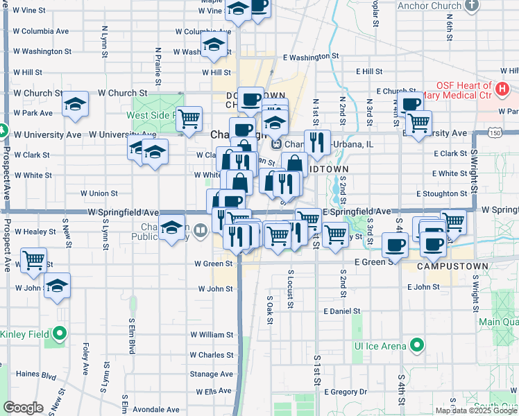 map of restaurants, bars, coffee shops, grocery stores, and more near 14 East Springfield Avenue in Champaign