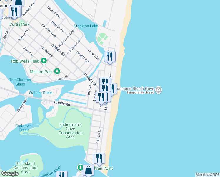 map of restaurants, bars, coffee shops, grocery stores, and more near 167 1st Avenue in Manasquan