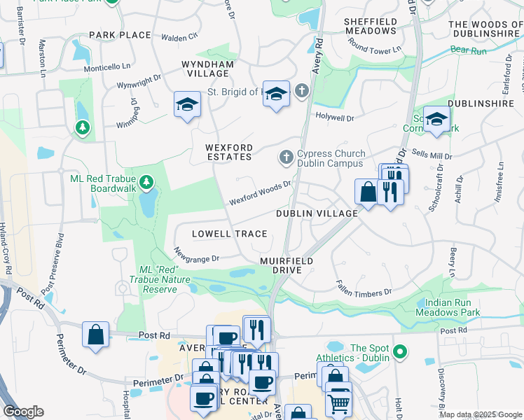 map of restaurants, bars, coffee shops, grocery stores, and more near 6304 Twonotch Court in Dublin